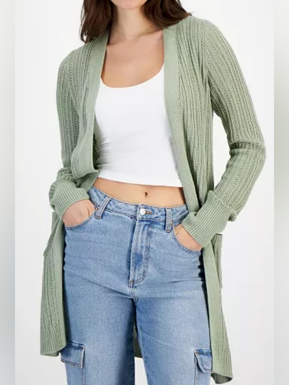 Hippie Rose Sage Open-Front Cable Cardigan